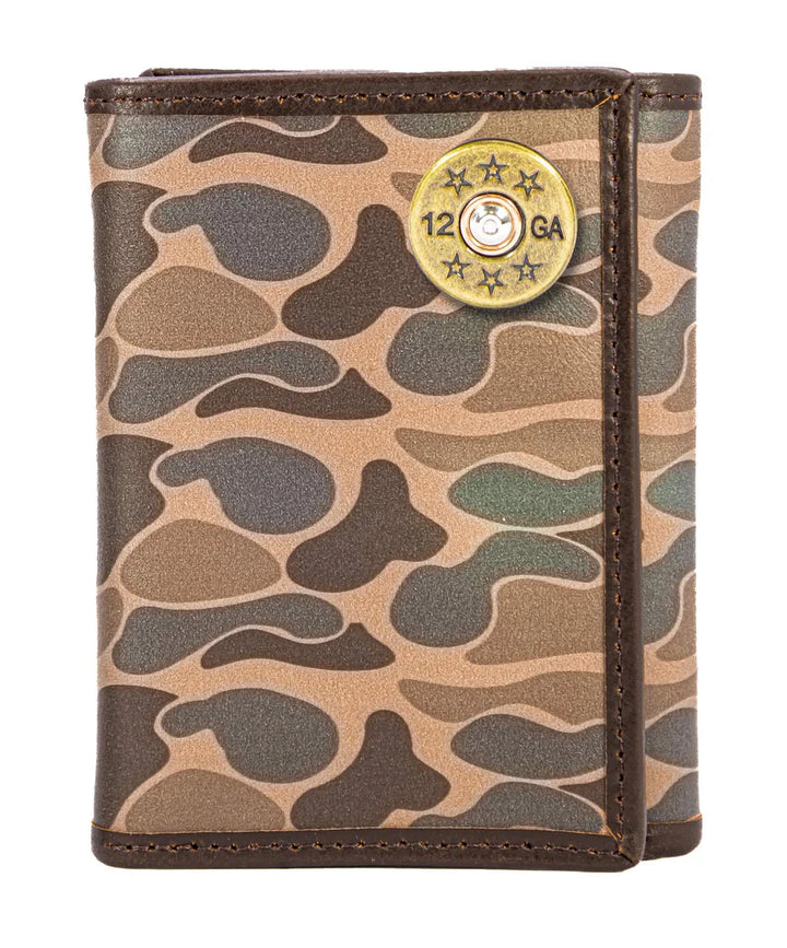SHOTSHELL MEN'S TRIFOLD OLD SCHOOL CAMO LEATHER WALLET - BROWN/TAN