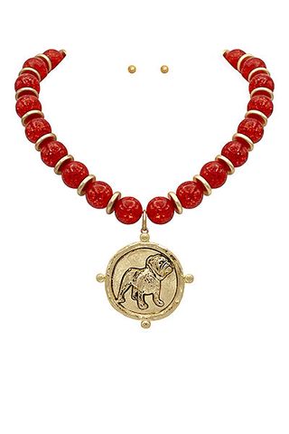 Red/Gold Beads With Bulldog Medallion Necklace