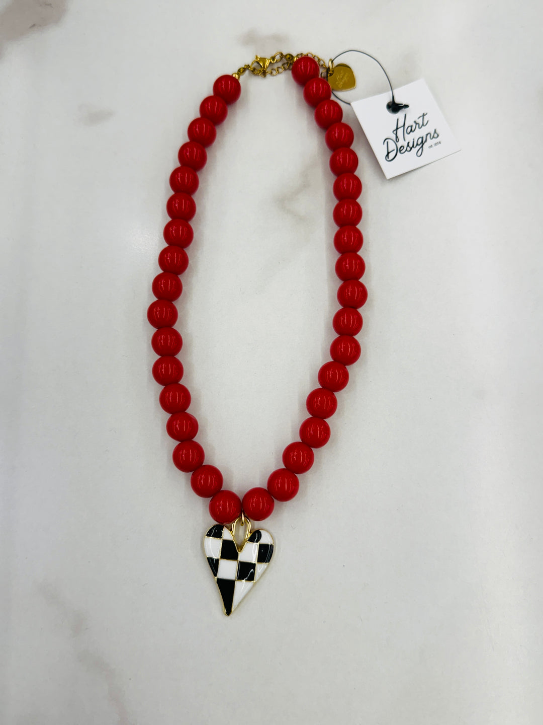 Red Bead Checkered Heart Pendant Necklace