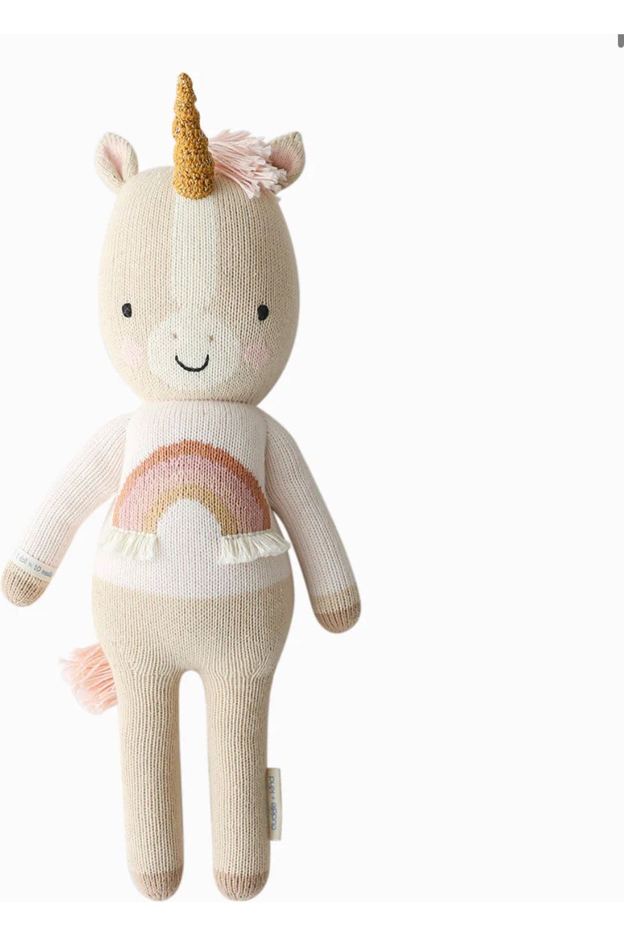 13 inch stuffed unicorn with a rainbow design on the front torso.