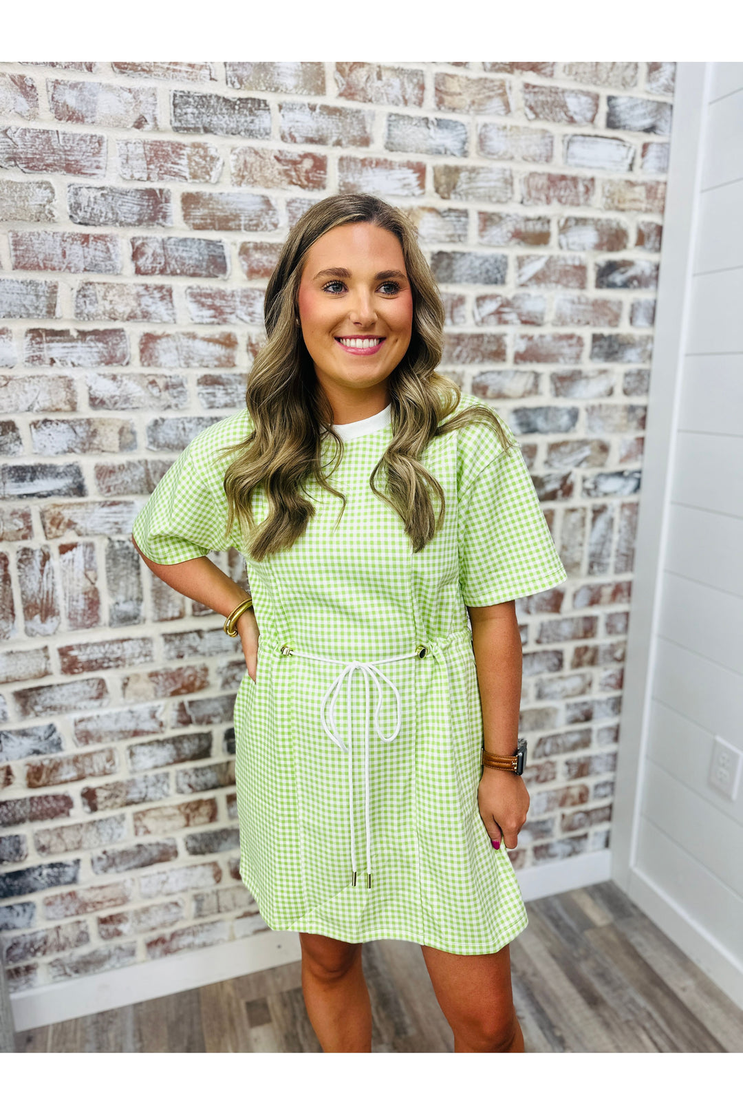 Lime Gingham Cinch Dress