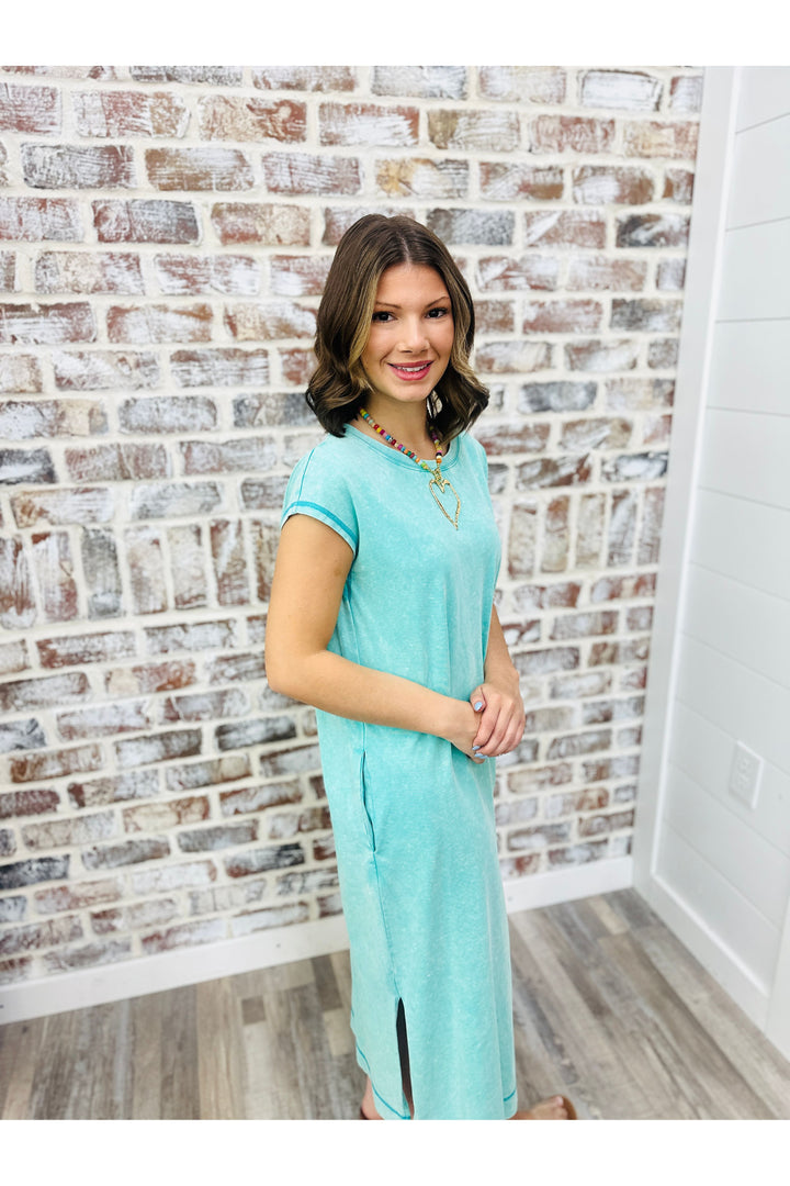 Teal Acid Washed T-Shirt Dress