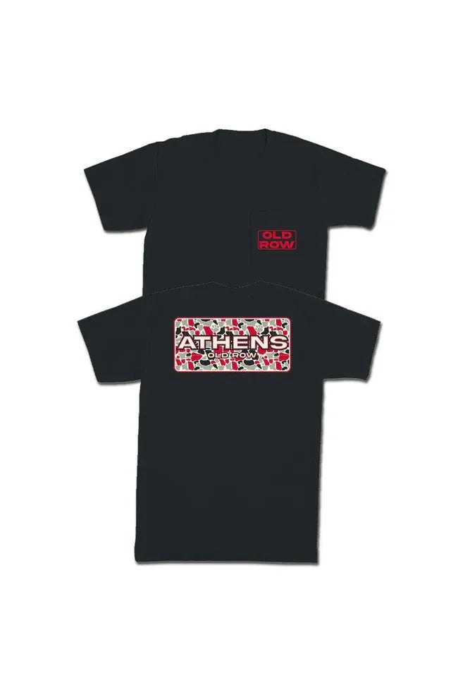Black tee with red, black & grey camo and Athens Old Row text 