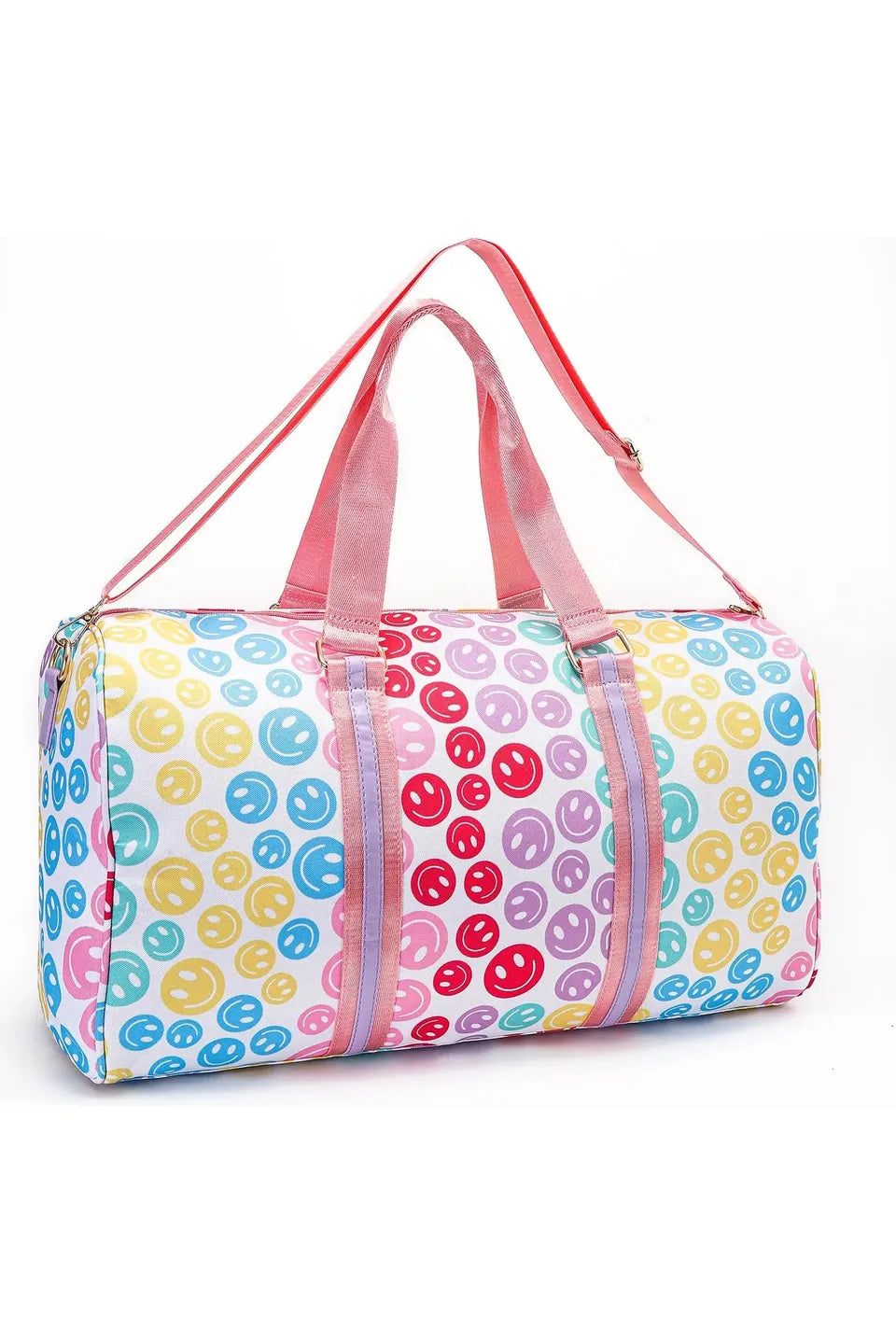 White dufflebag with multicolored slimey faces and pink straps.