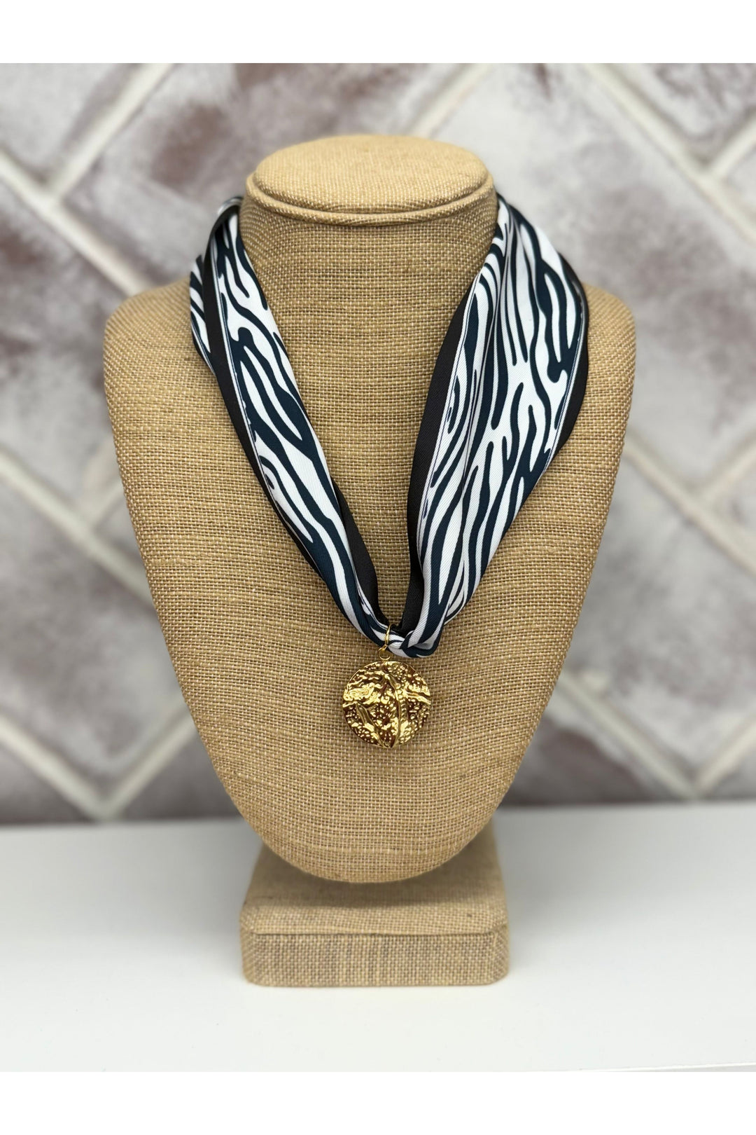 Zebra Print Scarf Necklace With Gold Charm