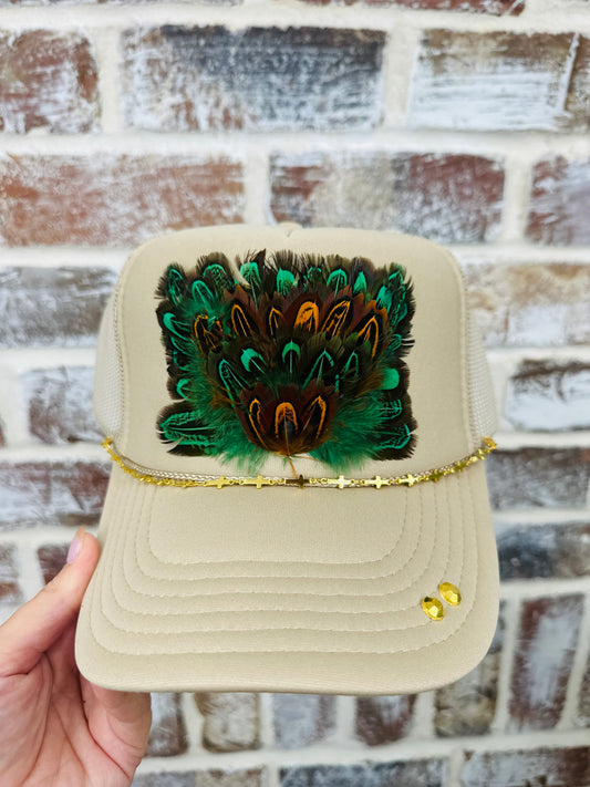 Khaki Hat with Feathers ~ Cross Chain