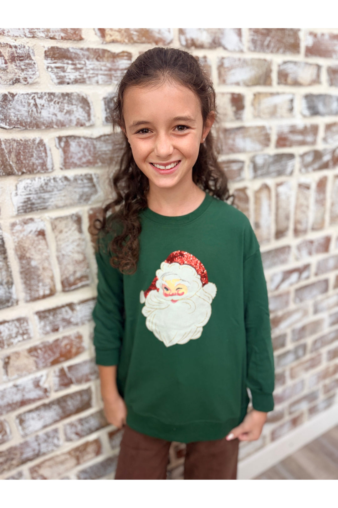 Youth~ Glitter Santa on Green Longsleeve Top