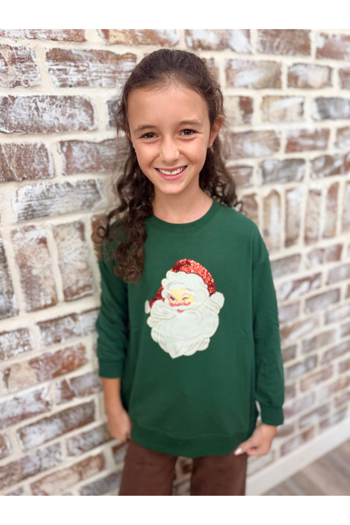 Youth~ Glitter Santa on Green Longsleeve Top