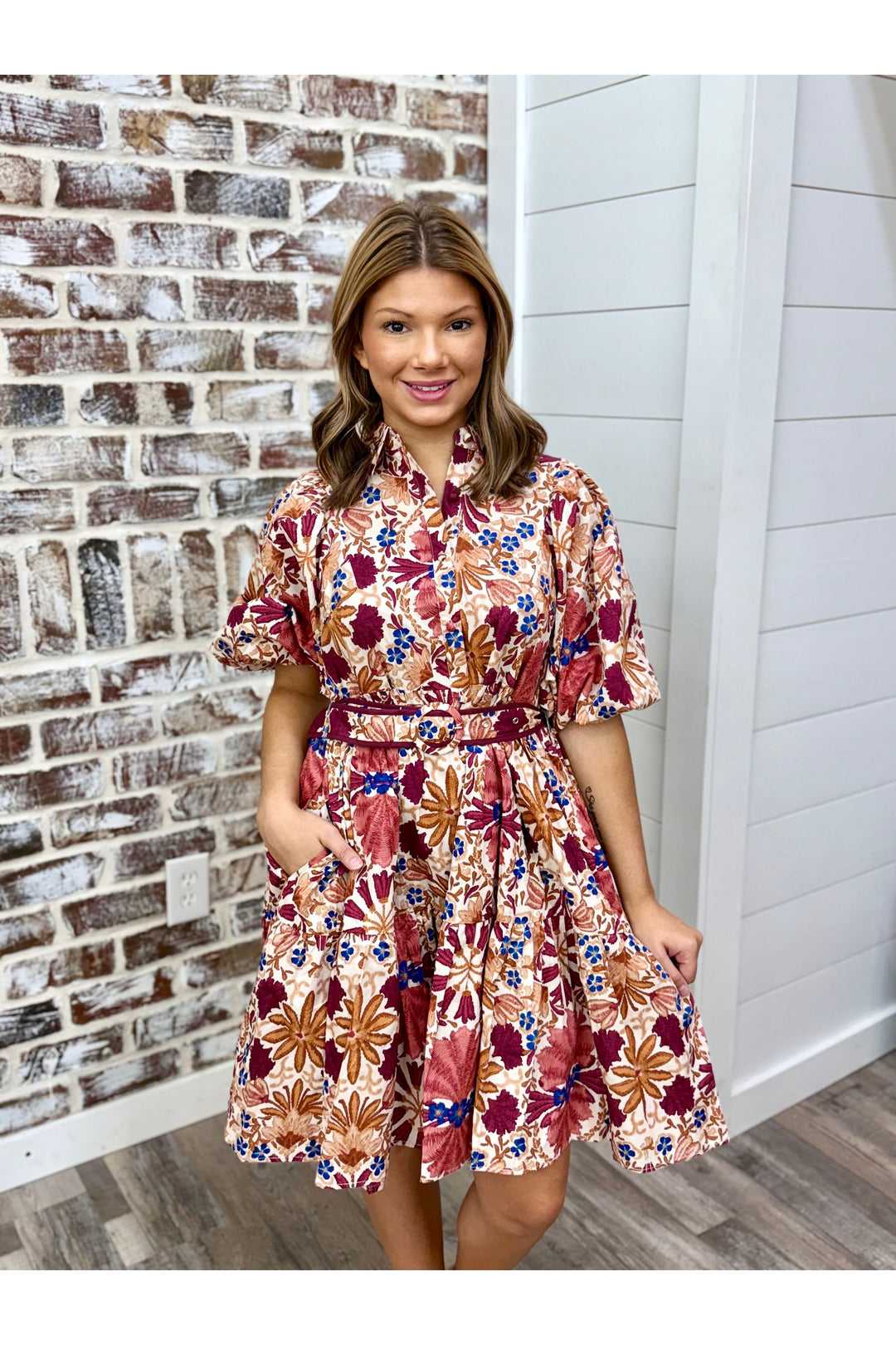Above the knee rustic flower printed belted dress