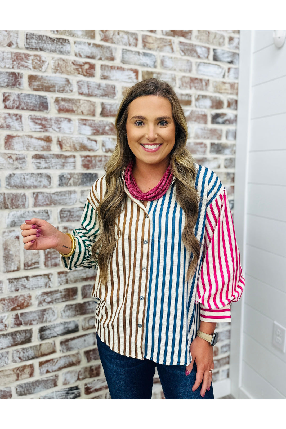 Woman wearing colorblock striped top 