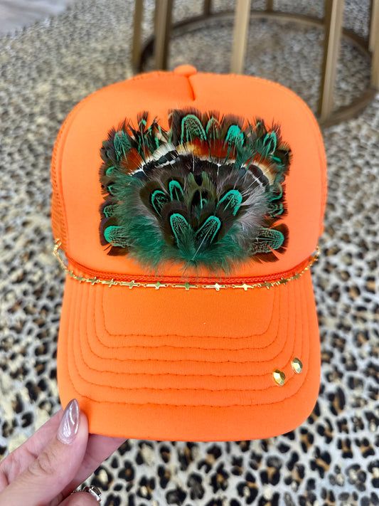 Orange Trucker Hat Green Feathers & Cross Chain