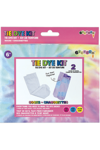 Sock Tie Dye DIY kit

3 squeeze bottles of pink, blue and yellow dye, 4 fl. oz. each

2 pairs of tube socks

Includes gloves, table covering and rubber bands

Packaged in a window box