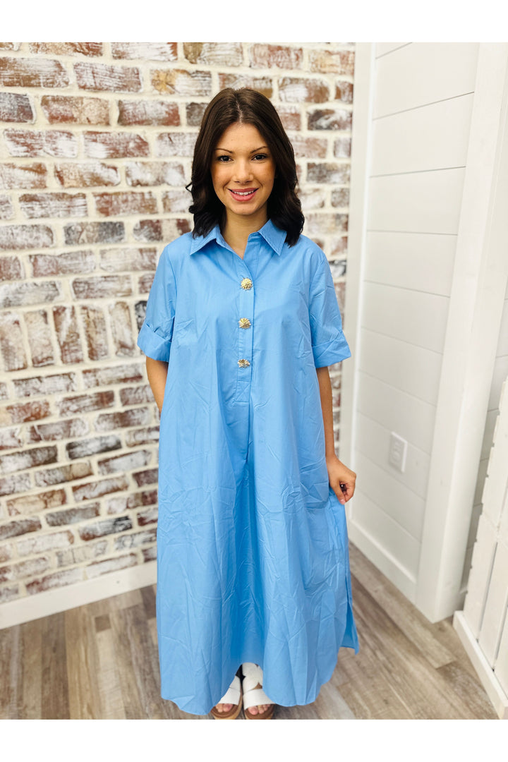 Burst of Buttons Midi Dress ~ Blue