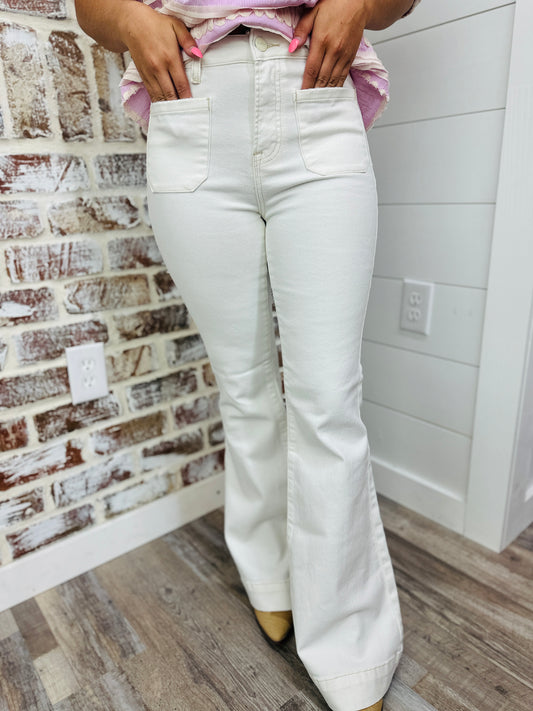 Cream High Rise Patch Pocket Flares