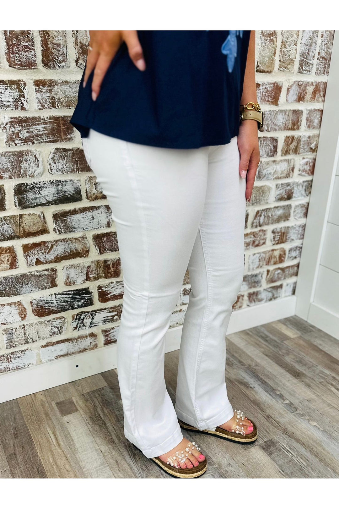 White 30” Inseam Mid Rise Flare Jegging