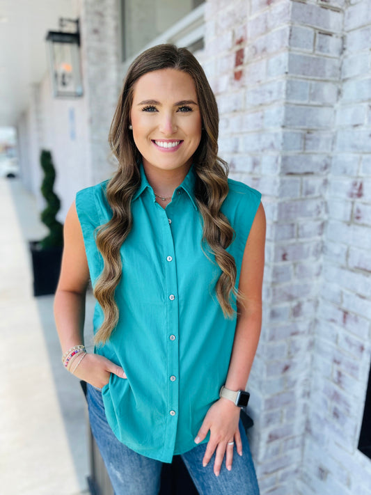 Teal Button Top