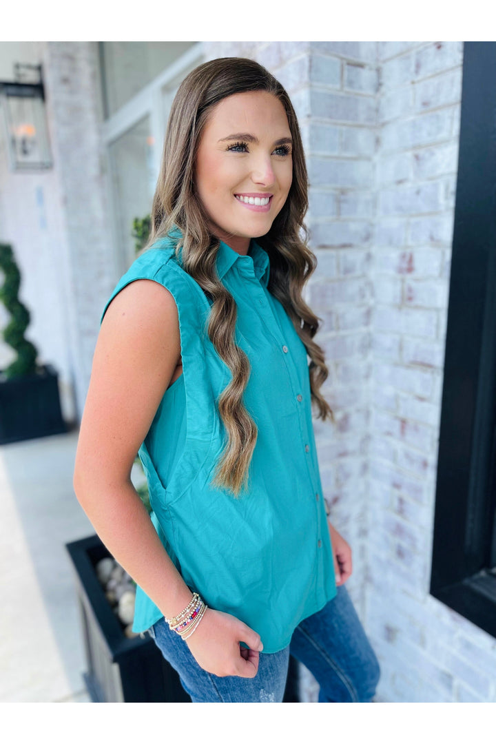 Teal Button Top