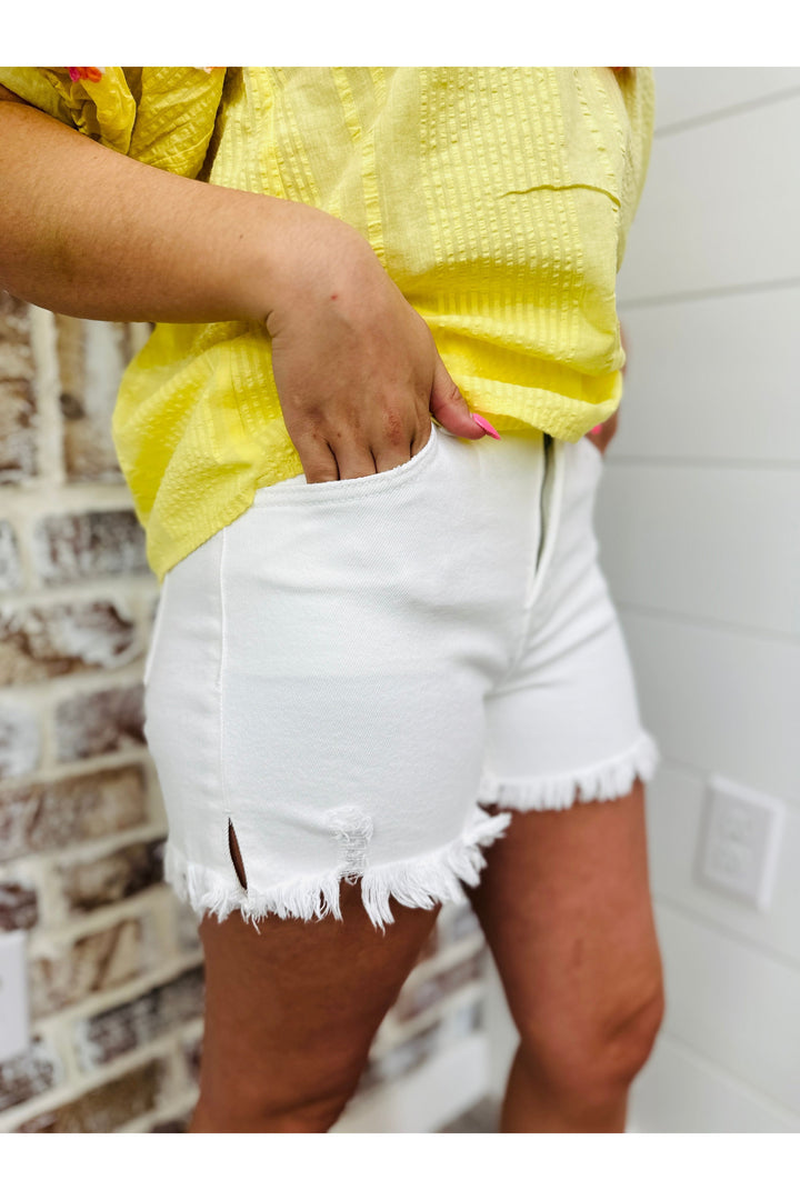 High Rise Tummy Control Fringe White Shorts
