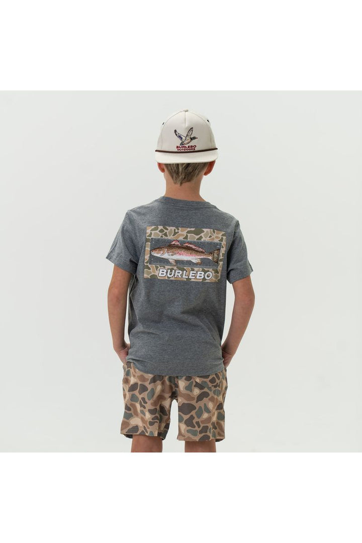 Youth dark heather grey tshirt with camo and redfish design on the back.