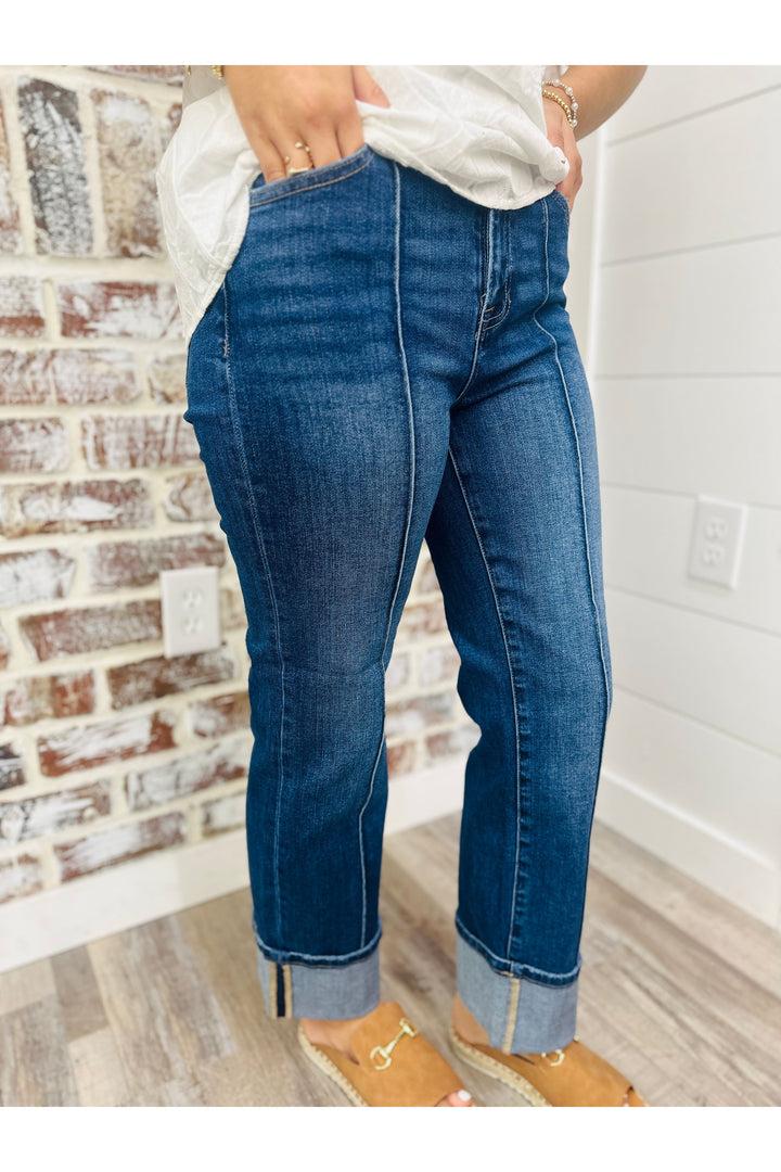 High-Rise Ankle Straight Cuffed Jeans