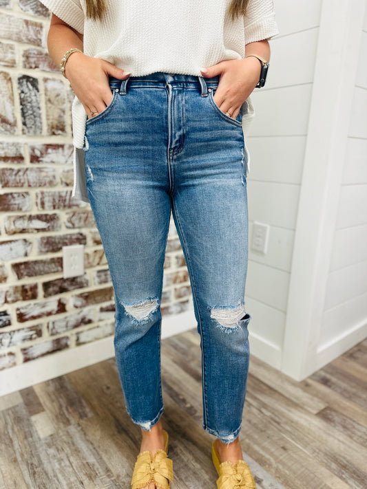 High Rise Distressed Ankle Straight Jeans