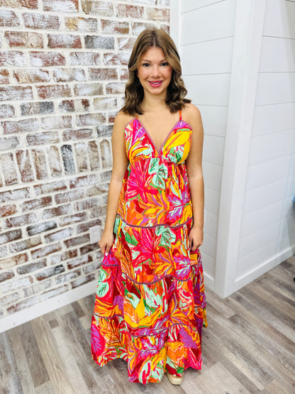 Karlie Tropical Halter Tier Maxi Dress