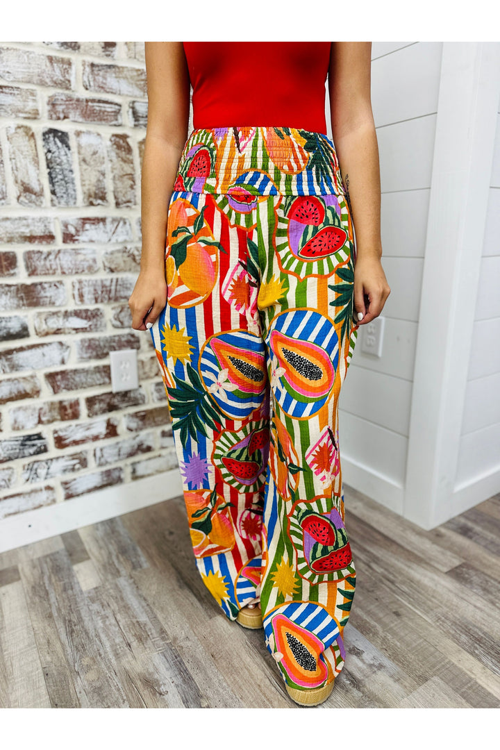 Karlie Tropical Island Fruit Smocked Waist Pants