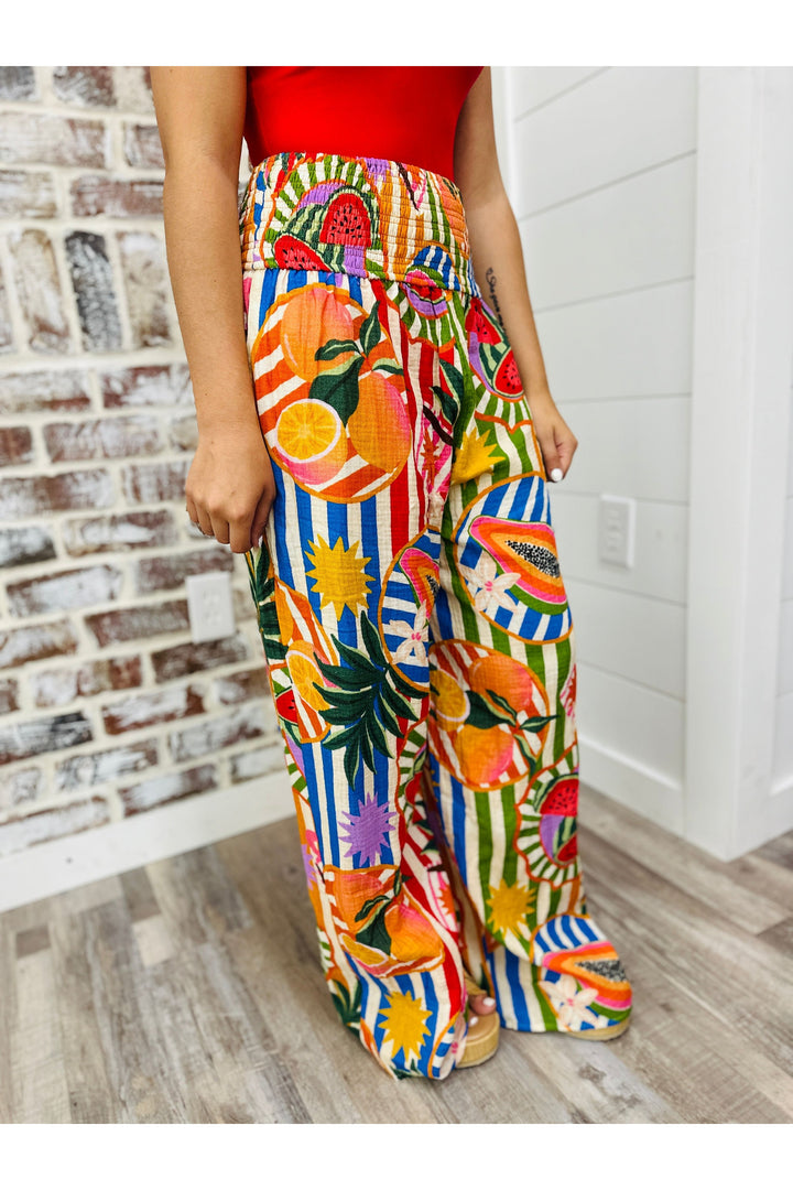 Karlie Tropical Island Fruit Smocked Waist Pants