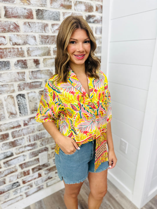 Karlie Tropical Satin Button Up Top