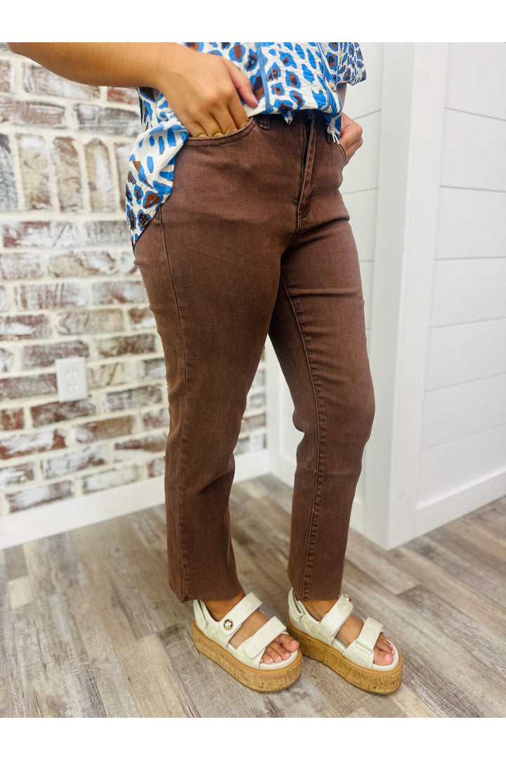 Brown Acid Wash High Rise Straight Pants