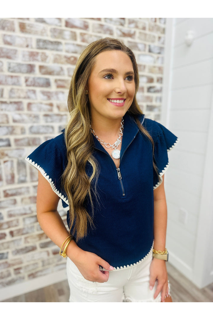 Navy Detail Flutter Top