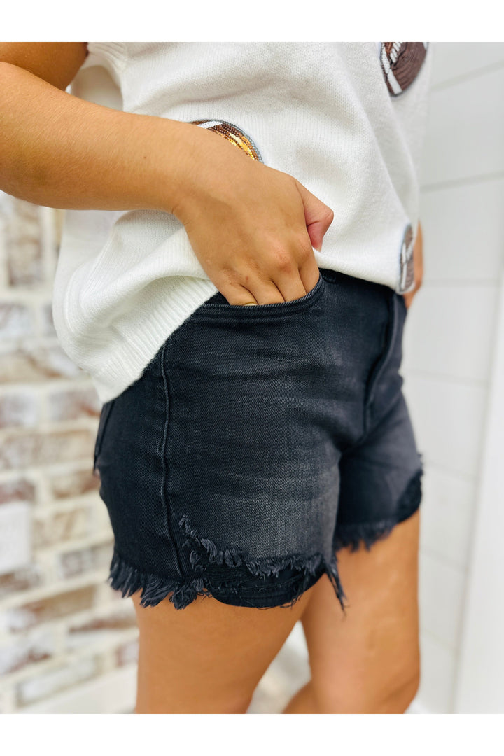 Black High Rise Side Step Hem Shorts