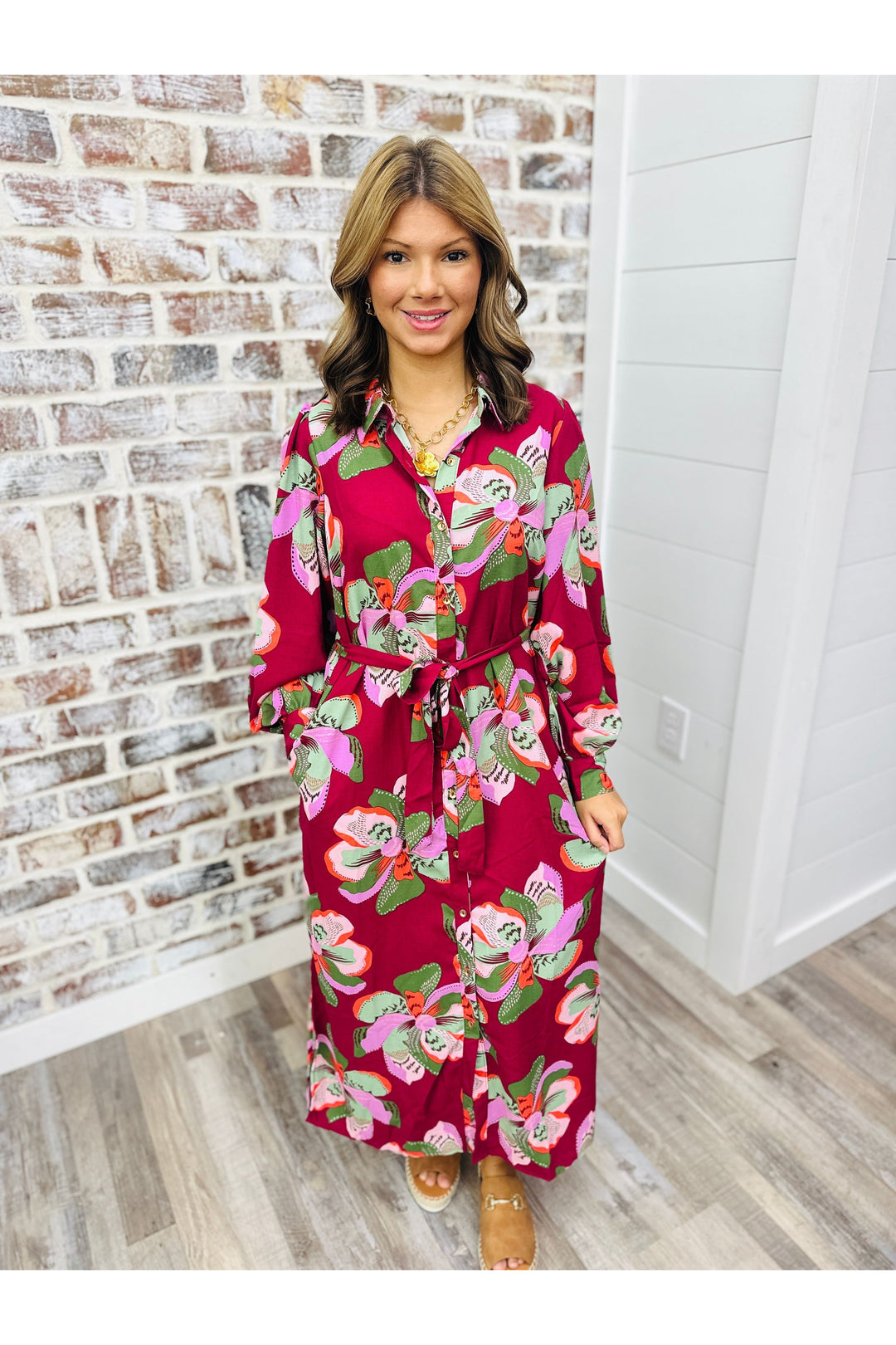 long sleeve burgundy maxi dress with flower design