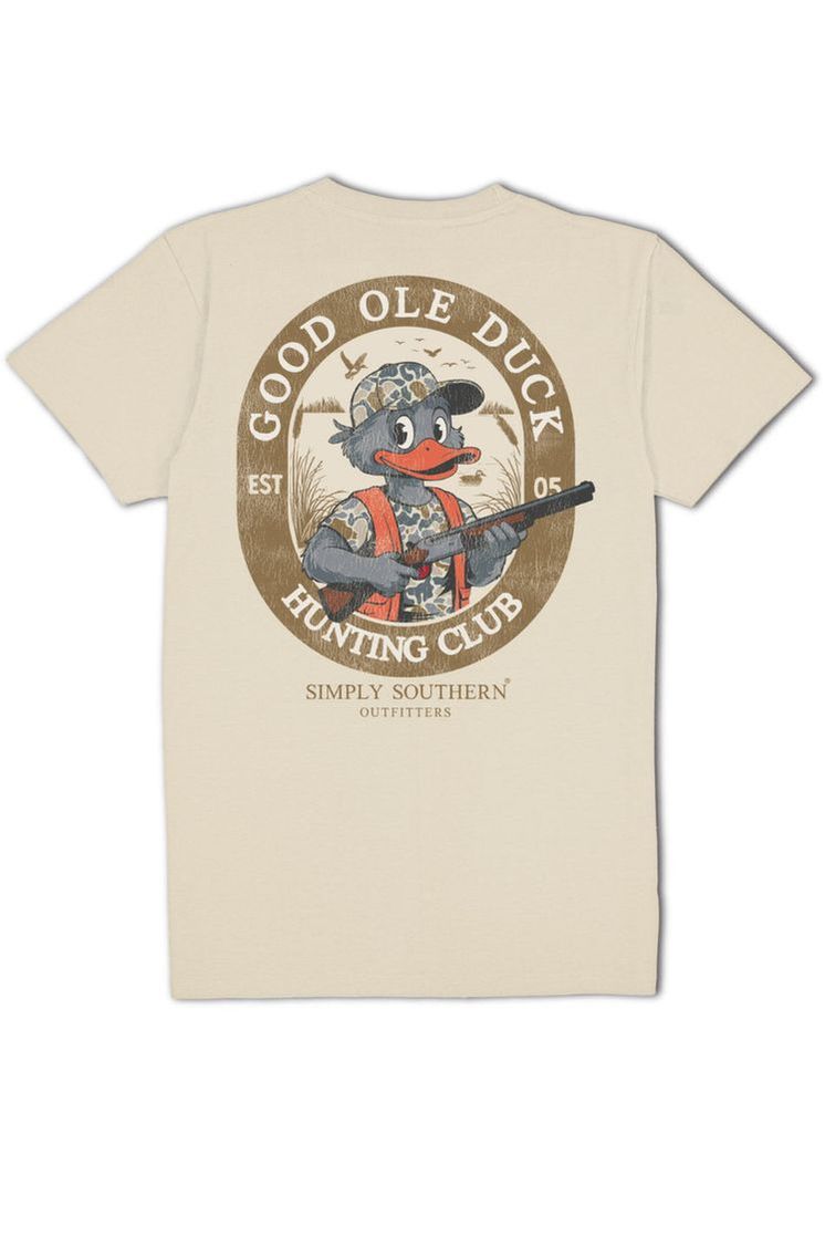 Wisp tan short sleeve shirt with the phrase 'Good ole duck hunting club' and a duck preparing to go hunting. Simply Southern logo below and on left chest. 100% cotton. Unisex youth sizing.