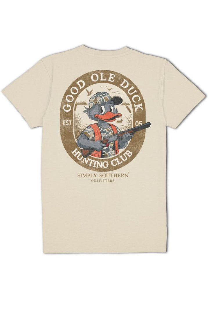 Wisp tan short sleeve shirt with the phrase 'Good ole duck hunting club' and a duck preparing to go hunting. Simply Southern logo below and on left chest. 100% cotton. Unisex youth sizing.