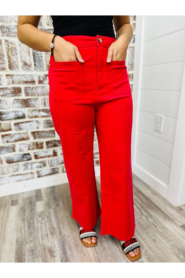 Red basic red wide leg pants with front pocket detail.