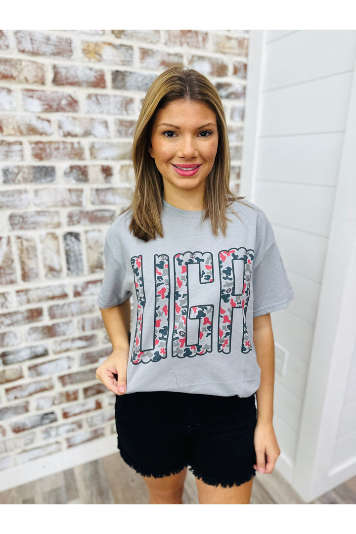 Grey solid t shirt with scalloped UGA in camo design 