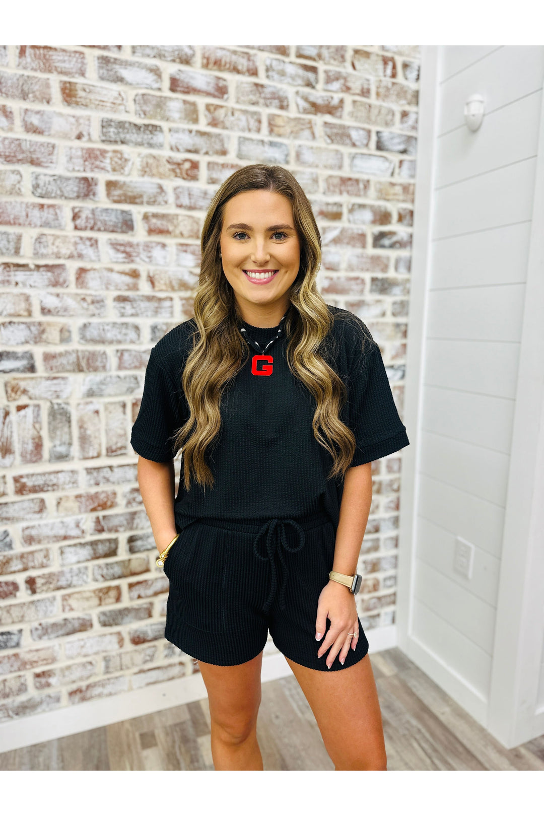 Back waffle shirt and shorts set. Paired with Georgia rope necklace