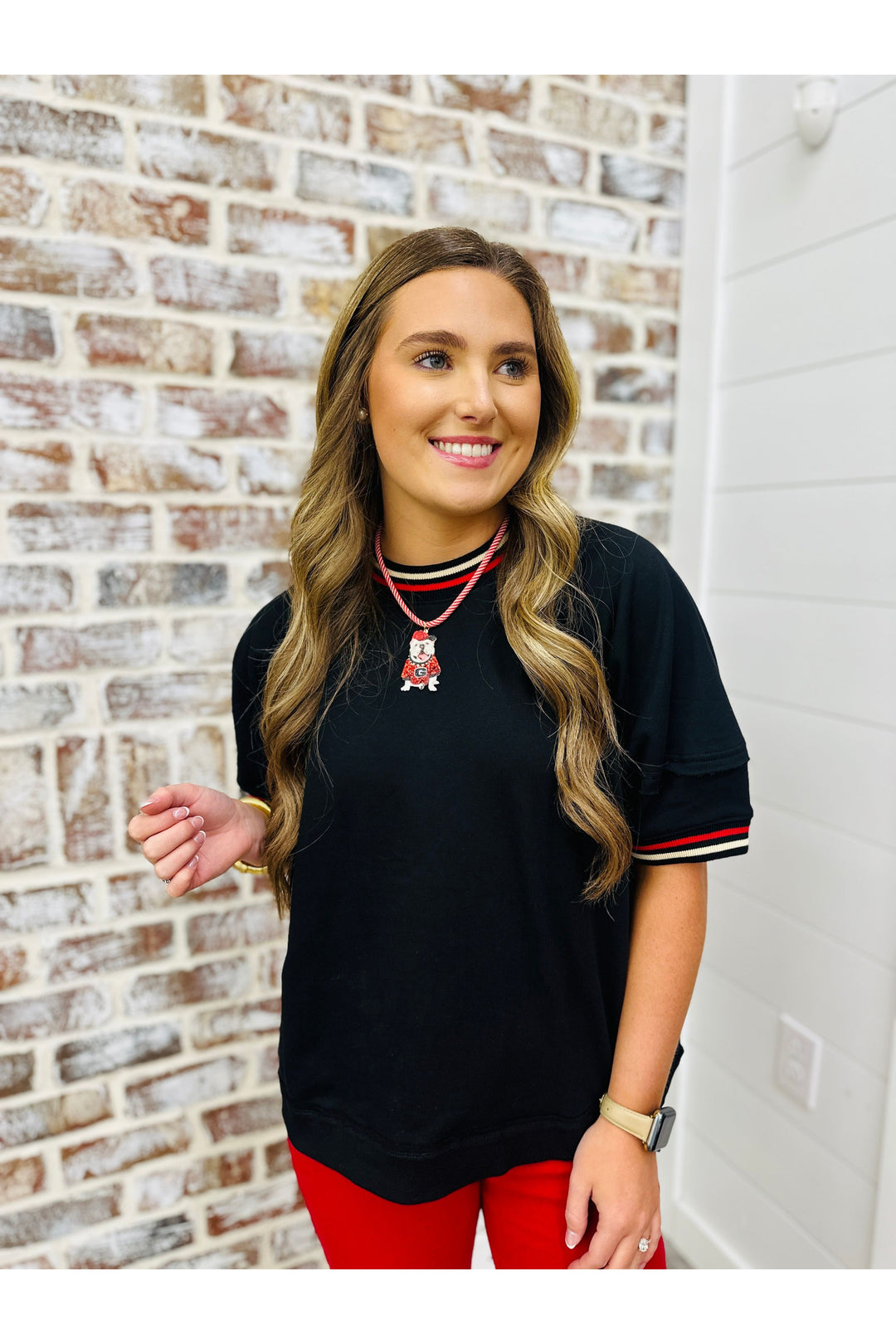 Red & White Rope Necklace With Bulldog Charm